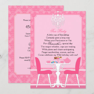 Elegant Pink Damask Birthday Tea Party Invitation