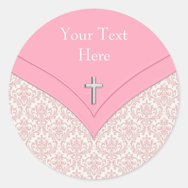 Elegant Pink Damask Christening Stickers (Front)
