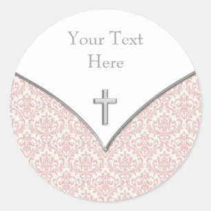 Elegant Pink Damask Christening Stickers