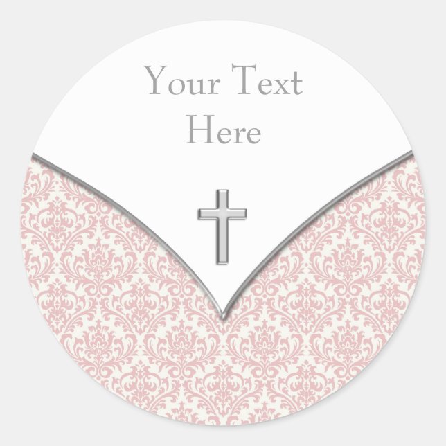 Elegant Pink Damask Christening Stickers (Front)
