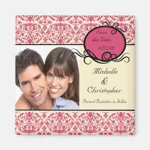 Elegant Pink Damask Photo Save The Date Magnet