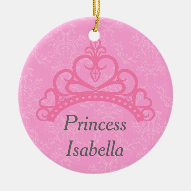 Elegant Pink Damask, Princess Tiara Ceramic Tree Decoration (Front)