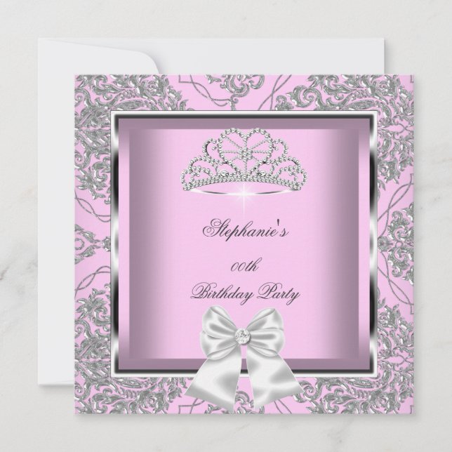 Elegant Pink Damask Silver Birthday Party Invitation (Front)