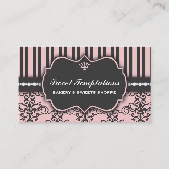 Elegant Pink Damask & Stripe Bakery Business Card (Front)