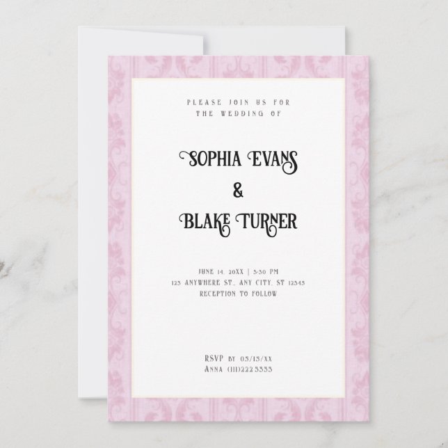 Elegant Pink Damask Traditional White Wedding Invitation (Front)