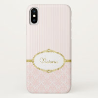 Elegant Pink Damask Vintage Gold Frame and Name