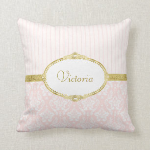 Elegant Pink Damask Vintage Gold Frame and Name Cushion