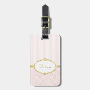 Elegant Pink Damask Vintage Gold Frame and Name Luggage Tag