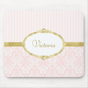 Elegant Pink Damask Vintage Gold Frame and Name Mouse Mat