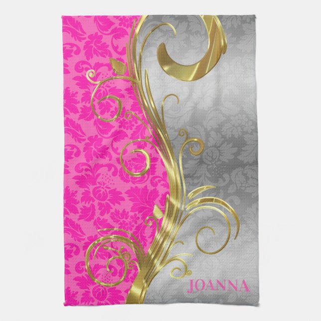 Elegant Pink Damasks Gold & Silver Swirls Tea Towel (Vertical)