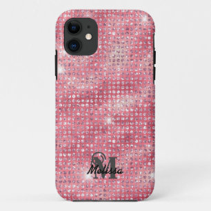 Elegant Pink Diamond Studded Pattern Monogram Name iPhone 11 Case