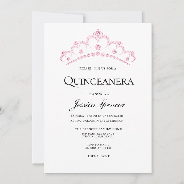 Elegant Pink Diamond Tiara Quinceanera Invite (Front)