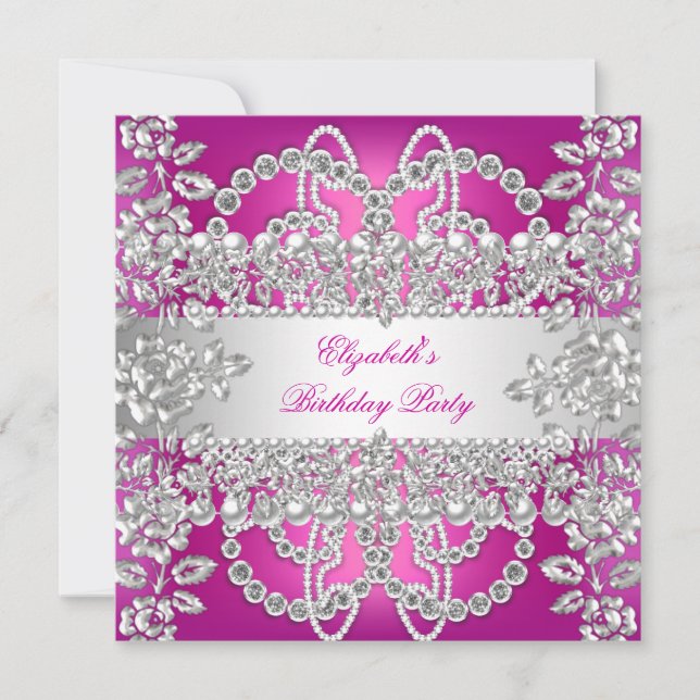 Elegant Pink Diamonds Silver Floral Birthday Party Invitation (Front)
