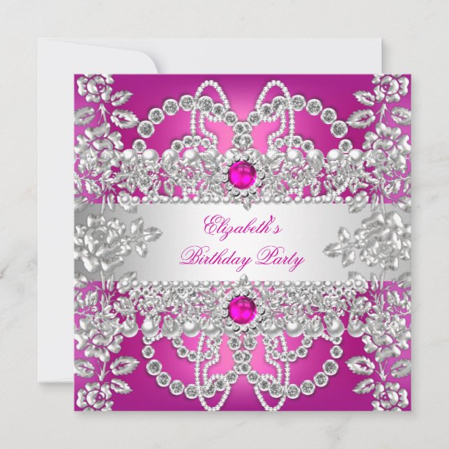 Elegant Pink Diamonds Silver Floral Birthday Party Invitation (Front)
