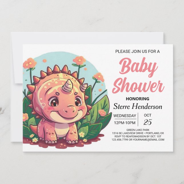 Elegant Pink Dinosaur Girl Baby Shower  Invitation (Front)