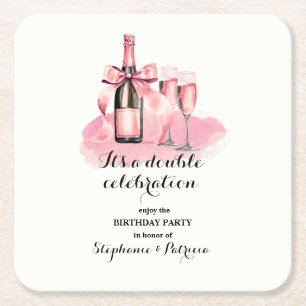 Elegant Pink Double Celebration Joint Birthday Square Paper Coaster