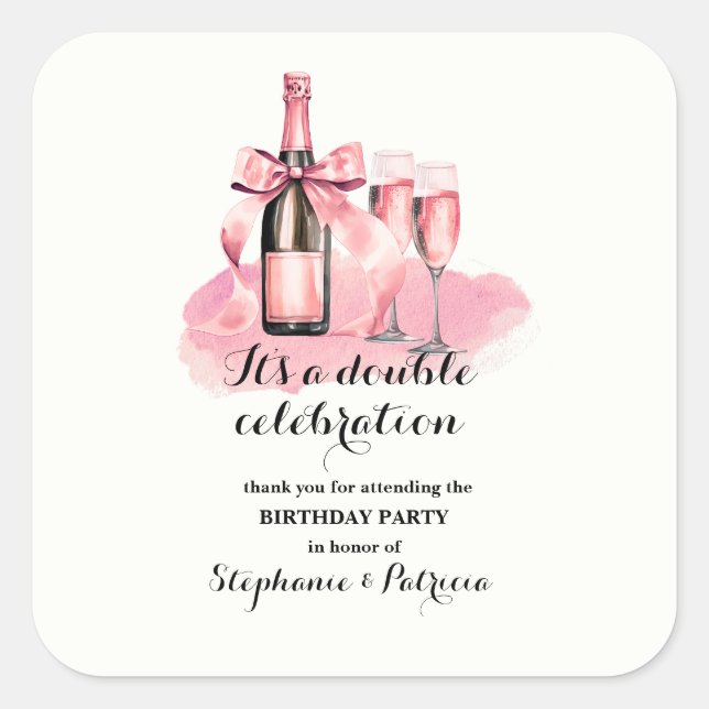 Elegant Pink Double Celebration Joint Birthday Square Sticker (Front)