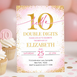Elegant Pink Double Digits Girl 10th Birthday Invitation