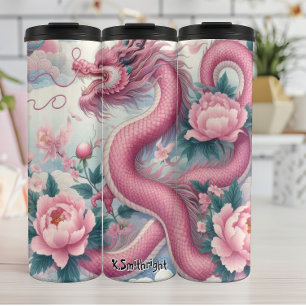 Elegant Pink Dragon with Peonies Thermal Tumbler