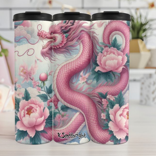 Elegant Pink Dragon with Peonies Thermal Tumbler (Creator Uploaded)