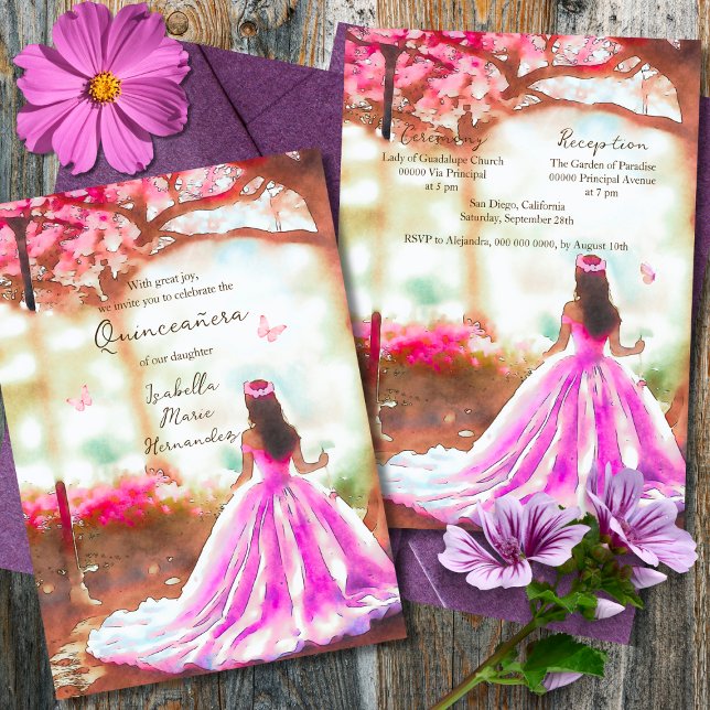 Elegant Pink Dress Watercolor Garden Quinceañera Invitation (Creator Uploaded)