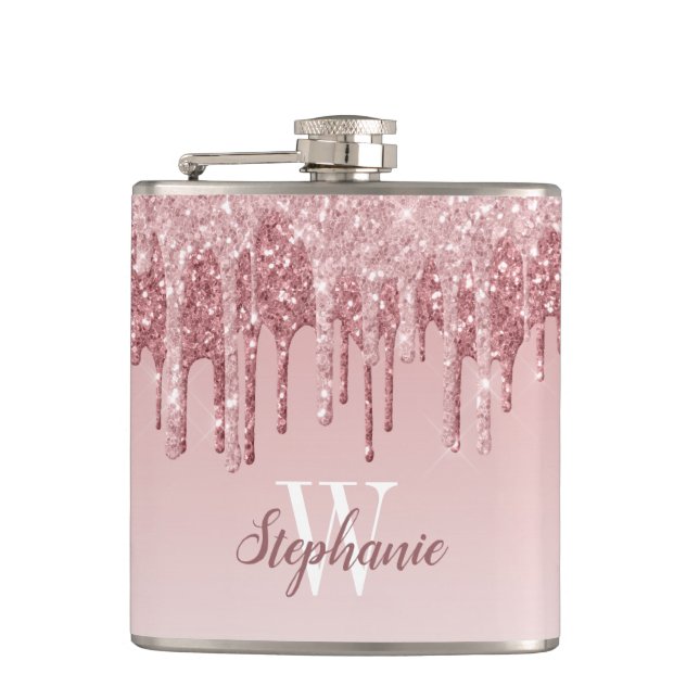 Elegant Pink Dripping Faux Glitter Monogram Hip Flask (Front)