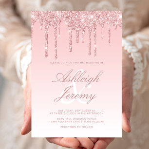 Elegant Pink Dripping Glitter Script Wedding Invitation