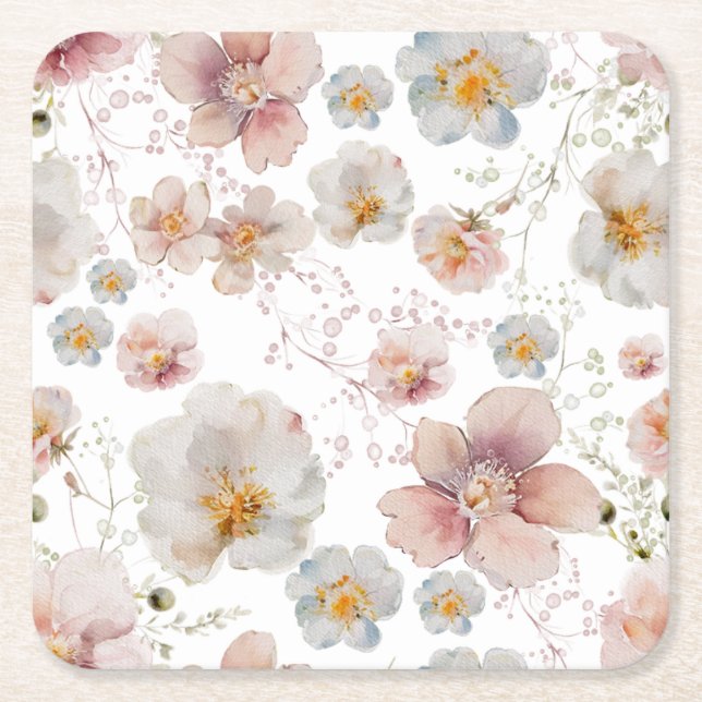 Elegant Pink Dusty Blue Flower Bridal Shower Square Paper Coaster (Front)