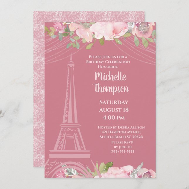 Elegant Pink Eiffel Tower Paris  Birthday     Invitation (Front/Back)