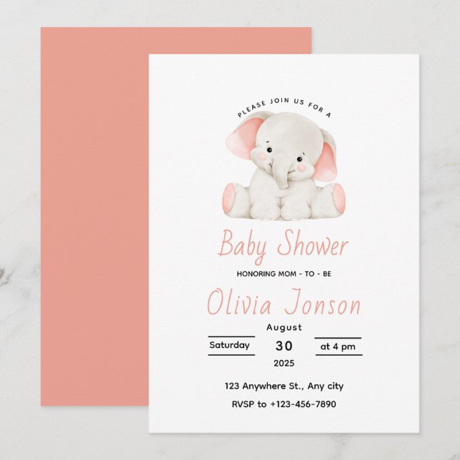 Elegant Pink Elephant Baby Shower Invitation (Front/Back)