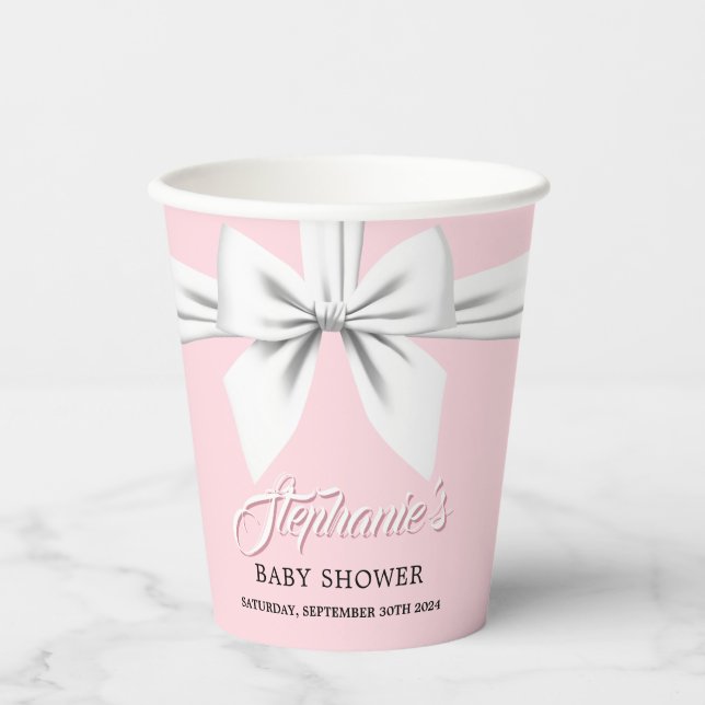 Elegant Pink Fancy Bow Tiffany Baby Shower Paper Cups (Front)