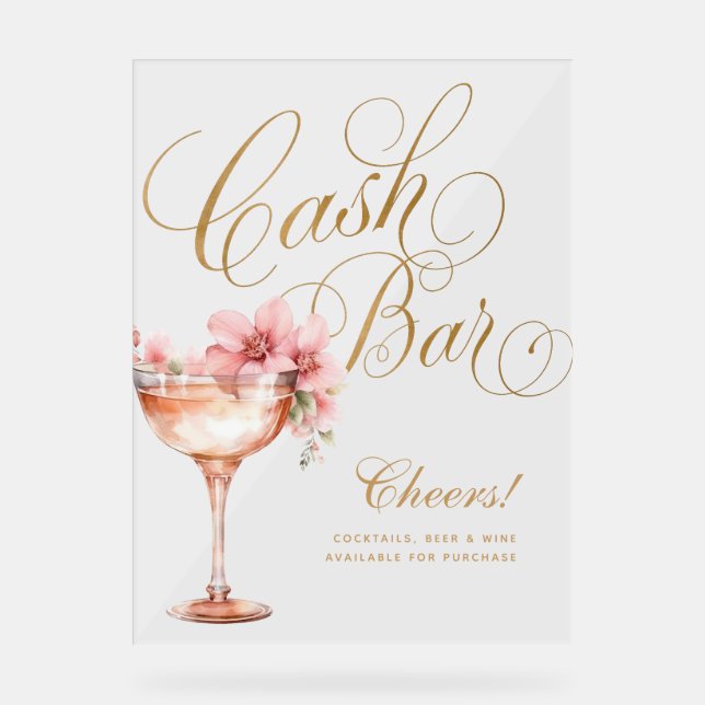 Elegant Pink Faux Gold Floral Cash Bar Acrylic Sign (Front)