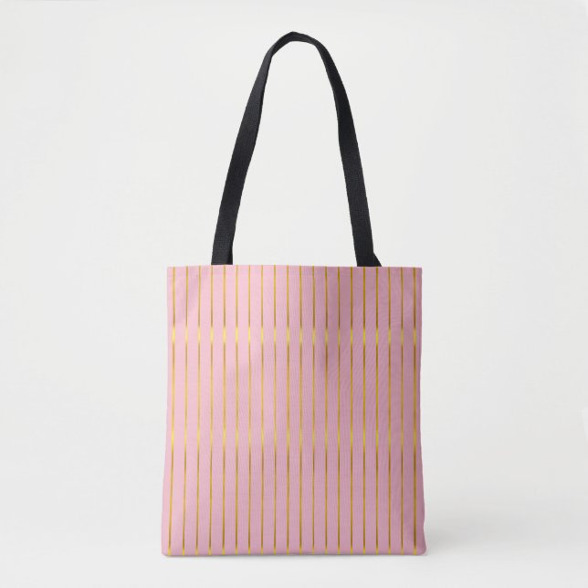 Elegant Pink Faux Gold Stripes Glamour Shiny Cute Tote Bag (Front)