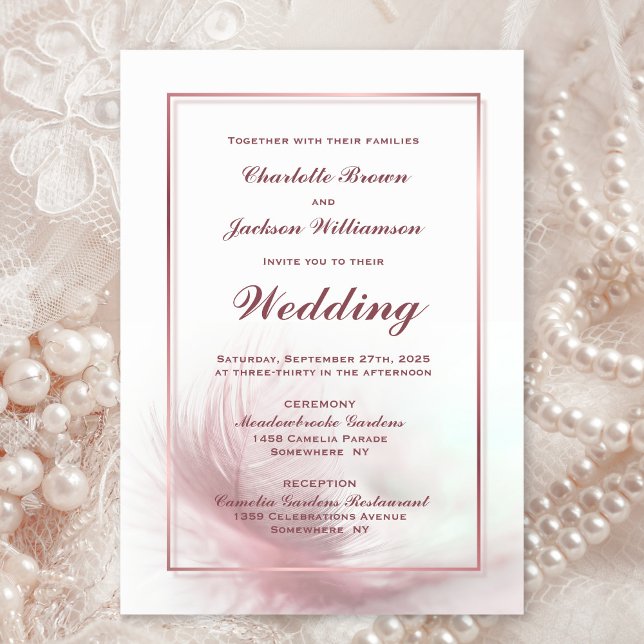 Elegant Pink Feather Wedding Invitation (Creator Uploaded)