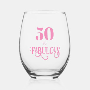 Elegant Pink Fifty and Fabulous Stemless Wine Glass
