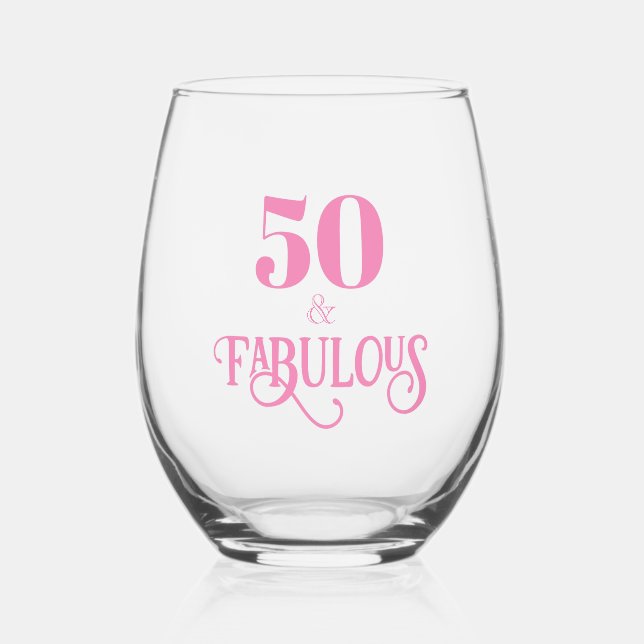Elegant Pink Fifty and Fabulous Stemless Wine Glass (Front)