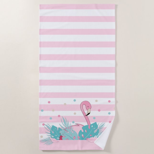Elegant Pink Flamingo and Tropical Leaves Beach Towel (Front)