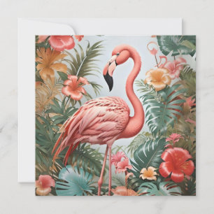 Elegant Pink Flamingo Bird and Tropical Flowers