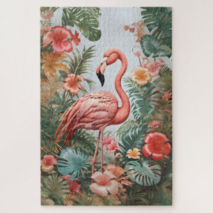 Elegant Pink Flamingo Bird and Tropical Flowers Jigsaw Puzzle