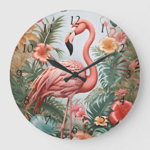 Elegant Pink Flamingo Bird and Tropical Flowers Large Clock