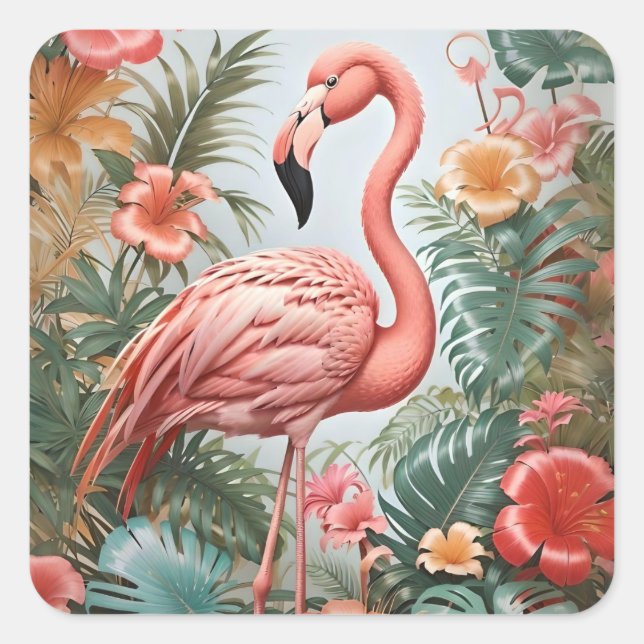 Elegant Pink Flamingo Bird and Tropical Flowers Square Sticker (Front)