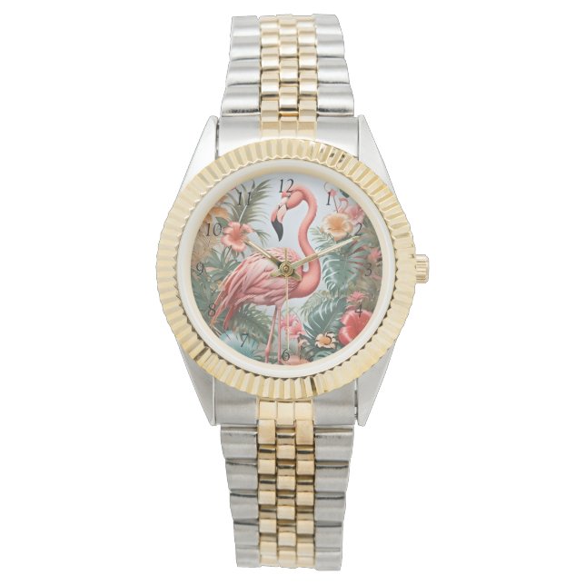 Elegant Pink Flamingo Bird and Tropical Flowers Watch (Front)