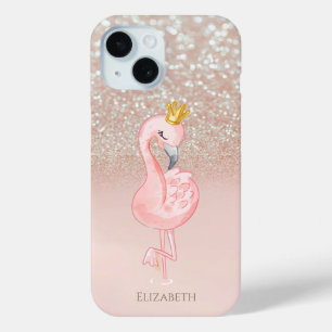 Elegant Pink Flamingo Crown Princess,Glitter Bokeh iPhone 15 Case
