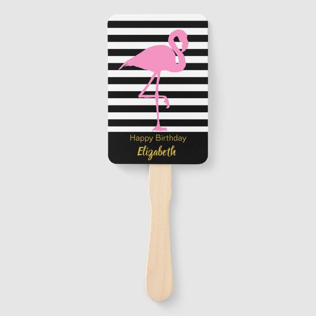 Elegant Pink Flamingo on Black and White Stripes Hand Fan (Front)