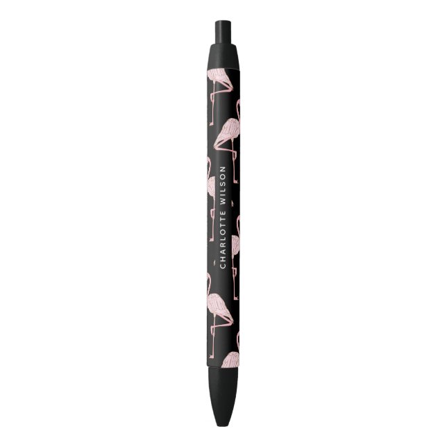 Elegant Pink Flamingo Pattern Script Name Monogram Blue Ink Pen (Front Vertical)