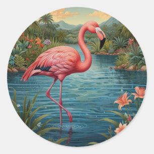 Elegant pink flamingo tropical paradise   classic round sticker
