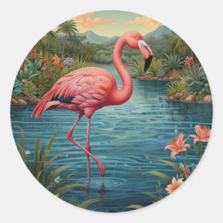 Elegant pink flamingo tropical paradise   classic round sticker