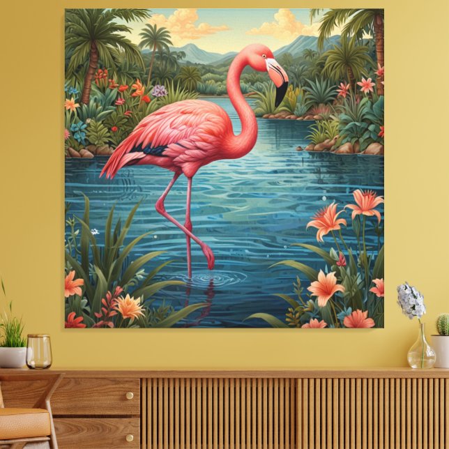 Elegant pink flamingo tropical paradise lagoon canvas print (Insitu(LivingRoom))