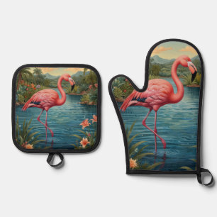 Elegant pink flamingo tropical paradise oven mitt & pot holder set
