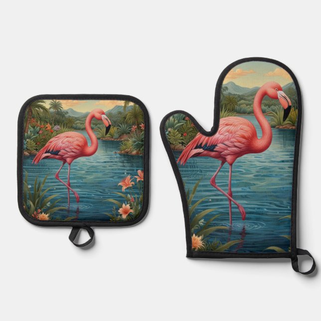 Elegant pink flamingo tropical paradise   oven mitt & pot holder set (Front)